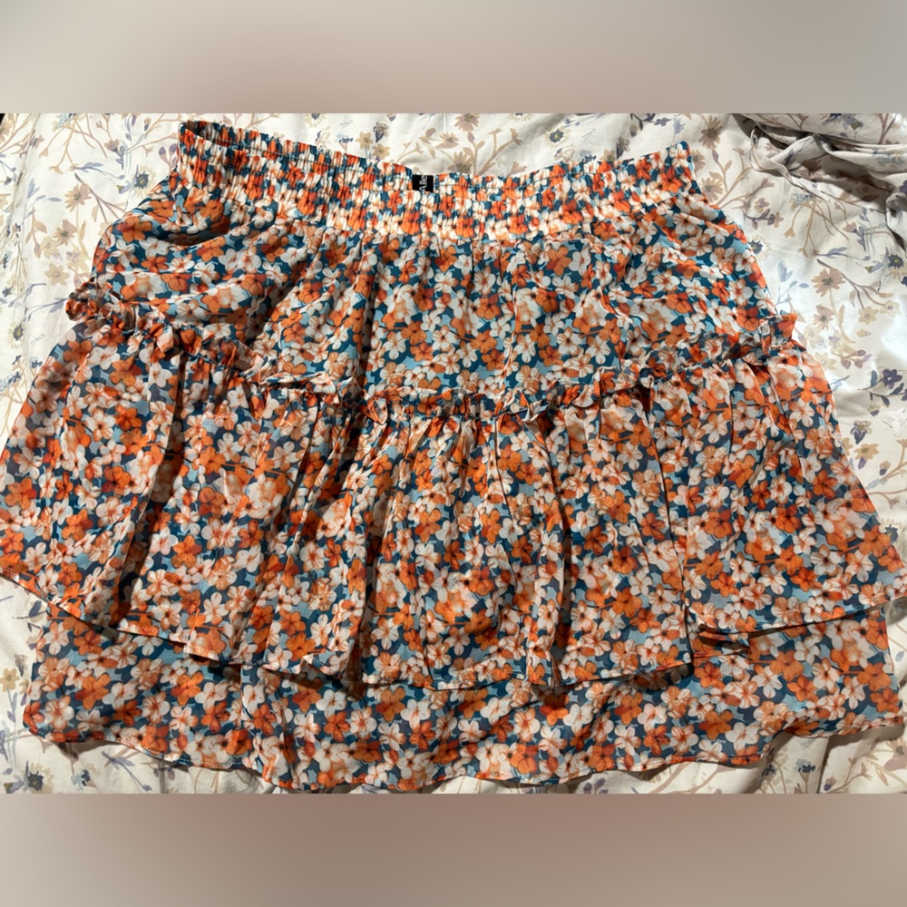 Allegra K Floral Ruffle Skirt - Orange and Blue